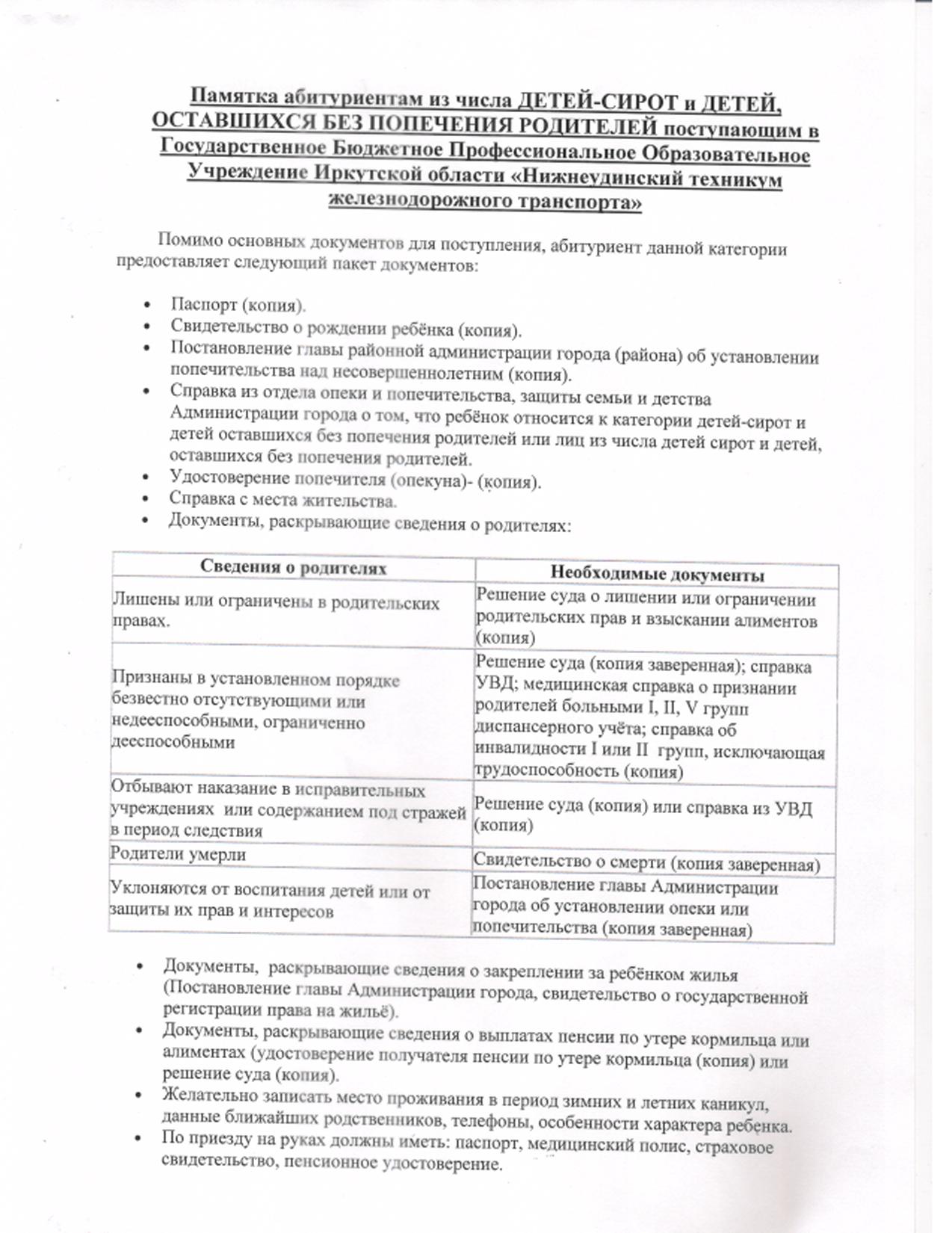 Памятка абитуриентам детям-сиротам и детям, оставшимся без попечения  родителей